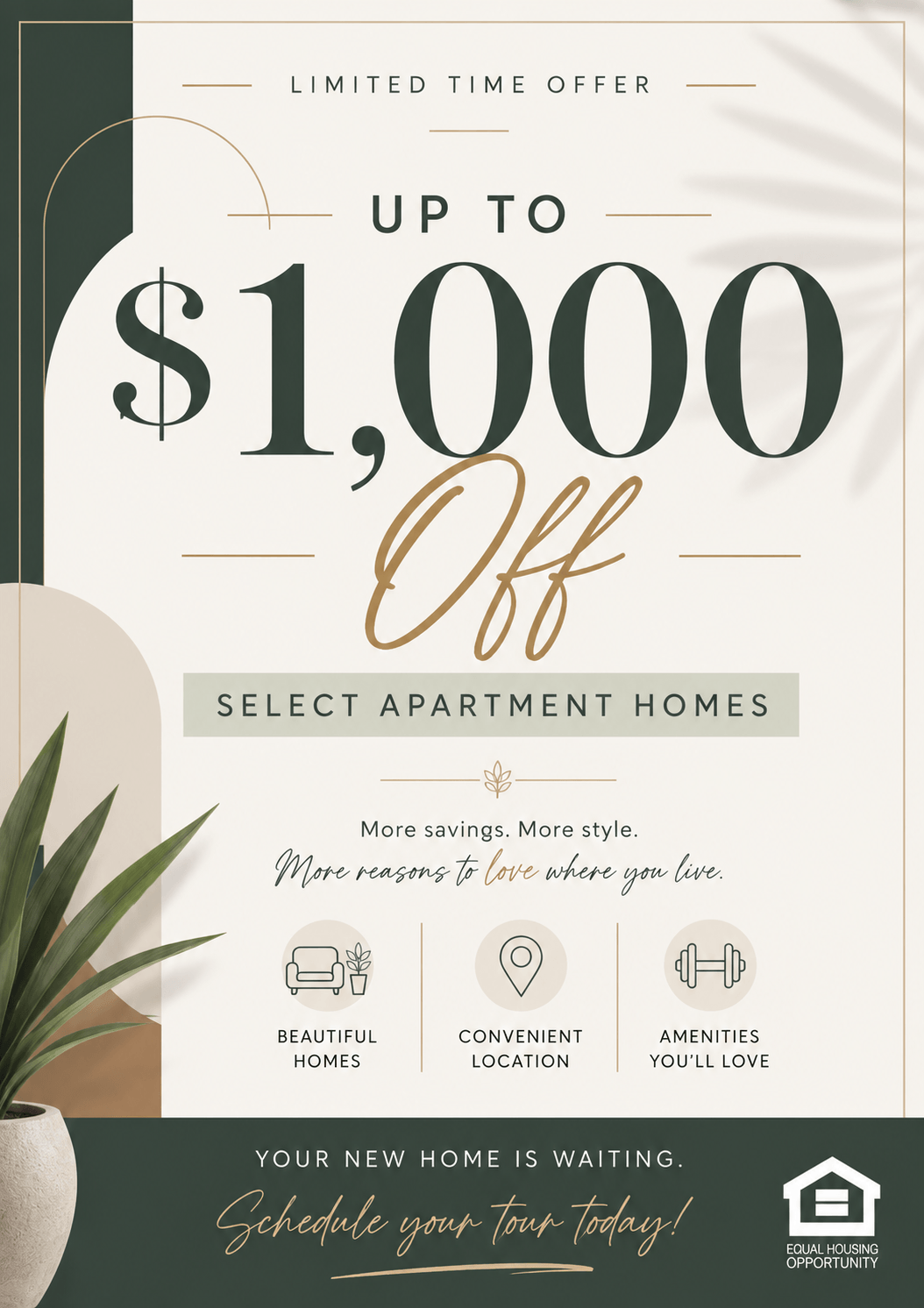 Up to $1000 off move in on select apartment homes when you move in before 8/31/26!